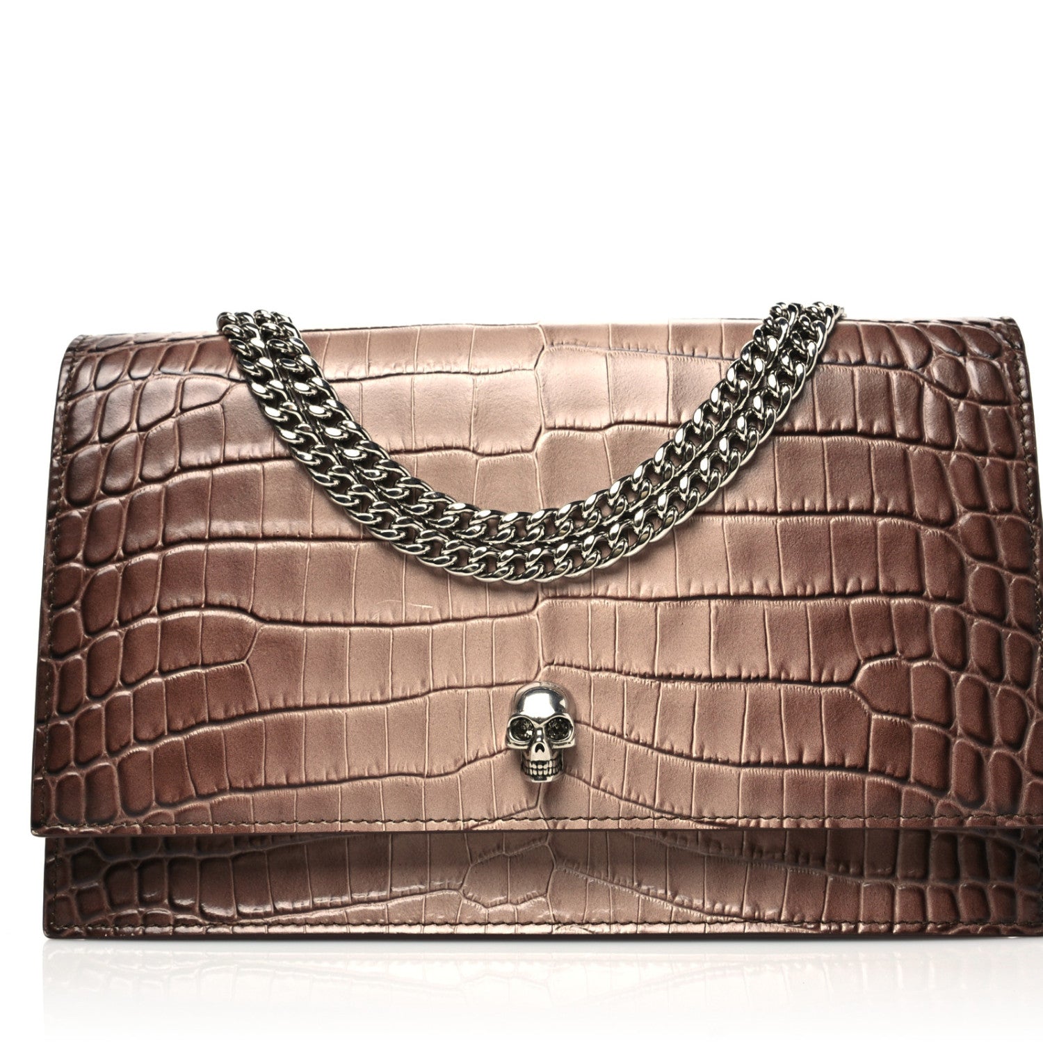 Alexander McQueen Calfskin Crocodile Embossed Skull Mini Crossbody Bag Brown 1 of 9