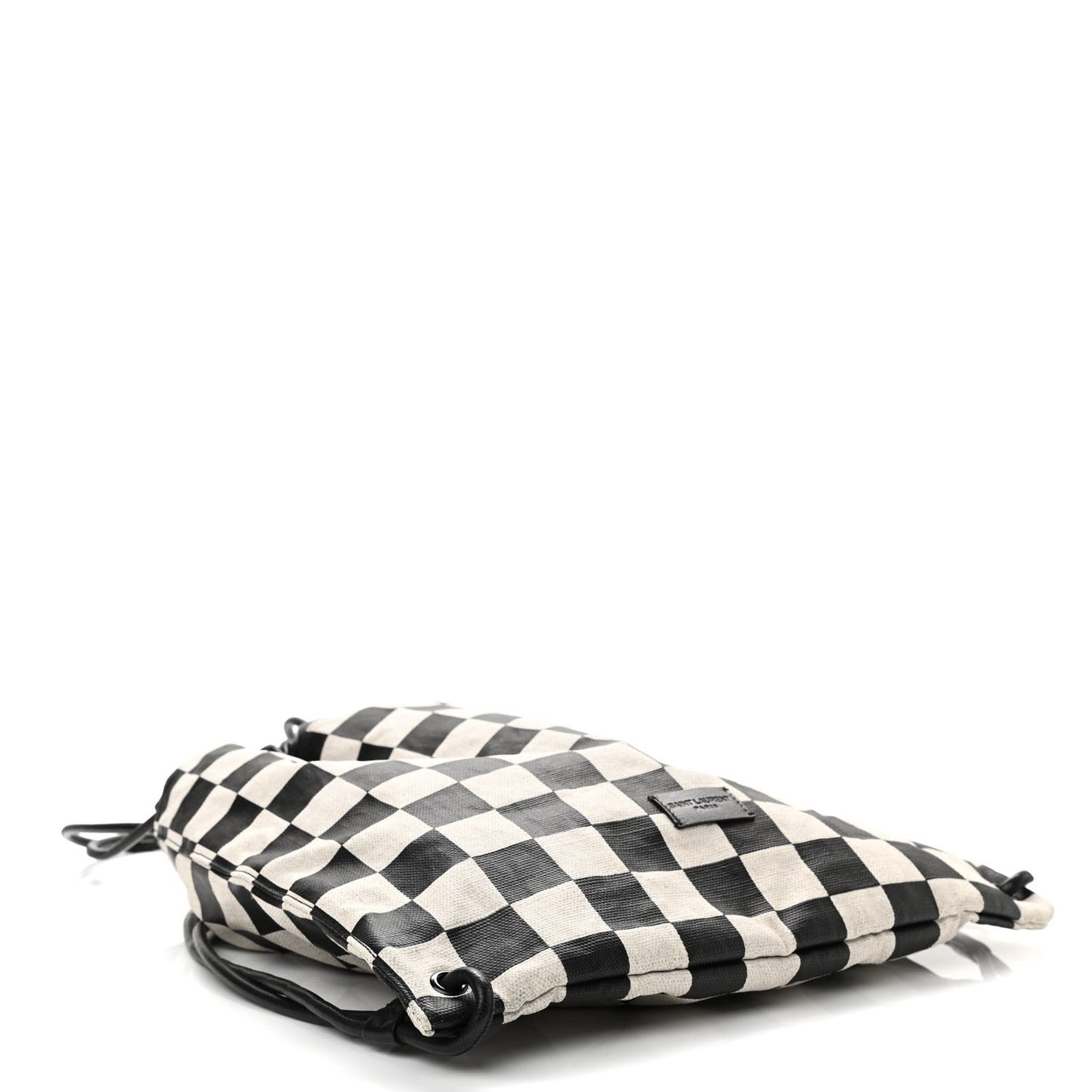 Linen Lambskin Checkered Teddy Drawstring Bag Black White