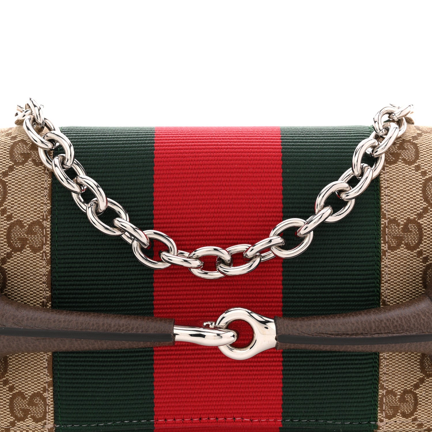 Gucci Monogram Textured Dollar Calfskin Heavy Grosgrain Web Medium Maxi Horsebit Chain Shoulder Bag Beige Ebony New Acero 8 of 10