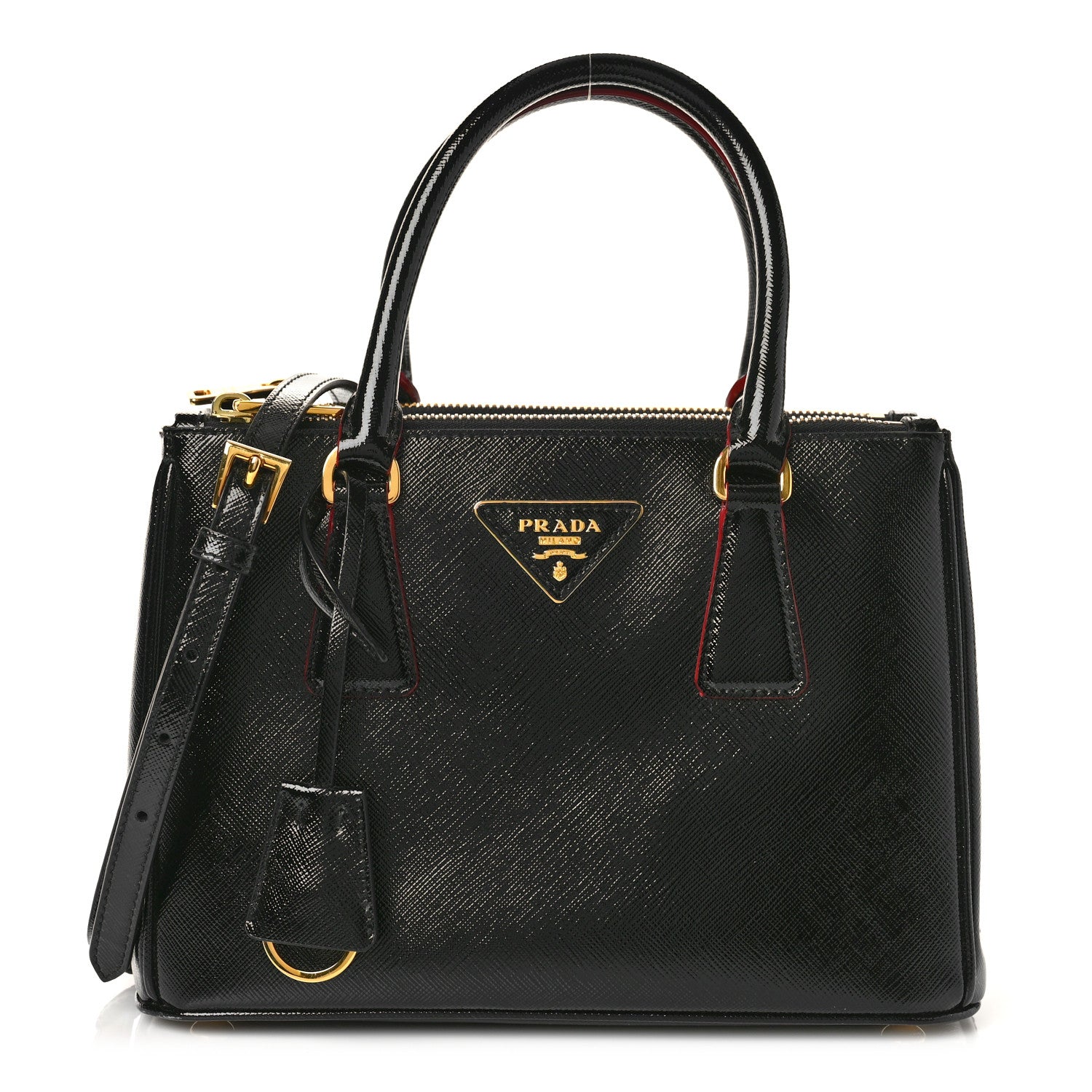 Prada Saffiano Vernice Small Galleria Double Zip Tote Black Rosso 1 of 9