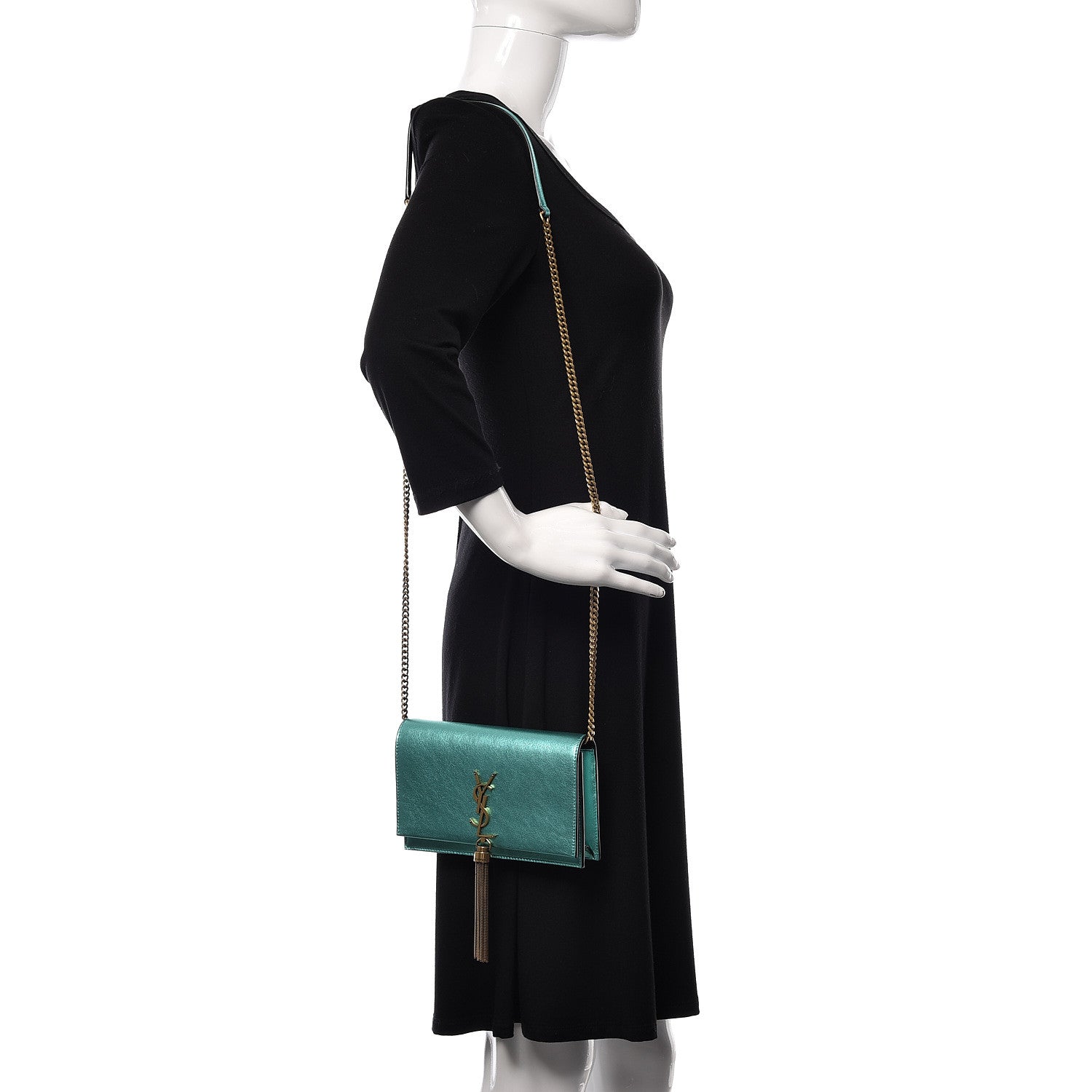 Saint Laurent Laminated Calfskin Classic Monogram Kate Tassel Chain Wallet Green 2 of 10