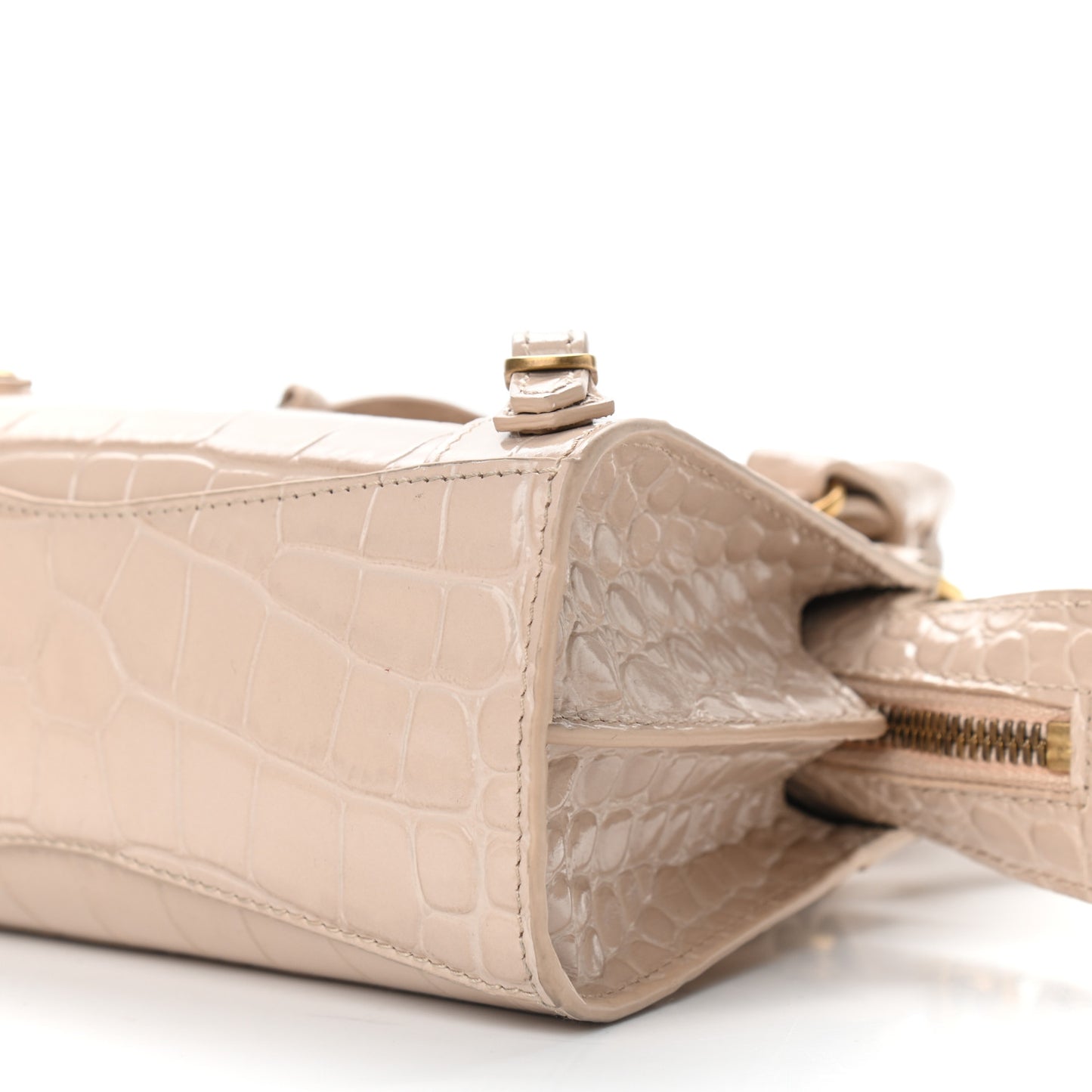 Shiny Supple Calfskin Crocodile Embossed Neo Classic Gold Hardware Nano City Crossbody Light Beige