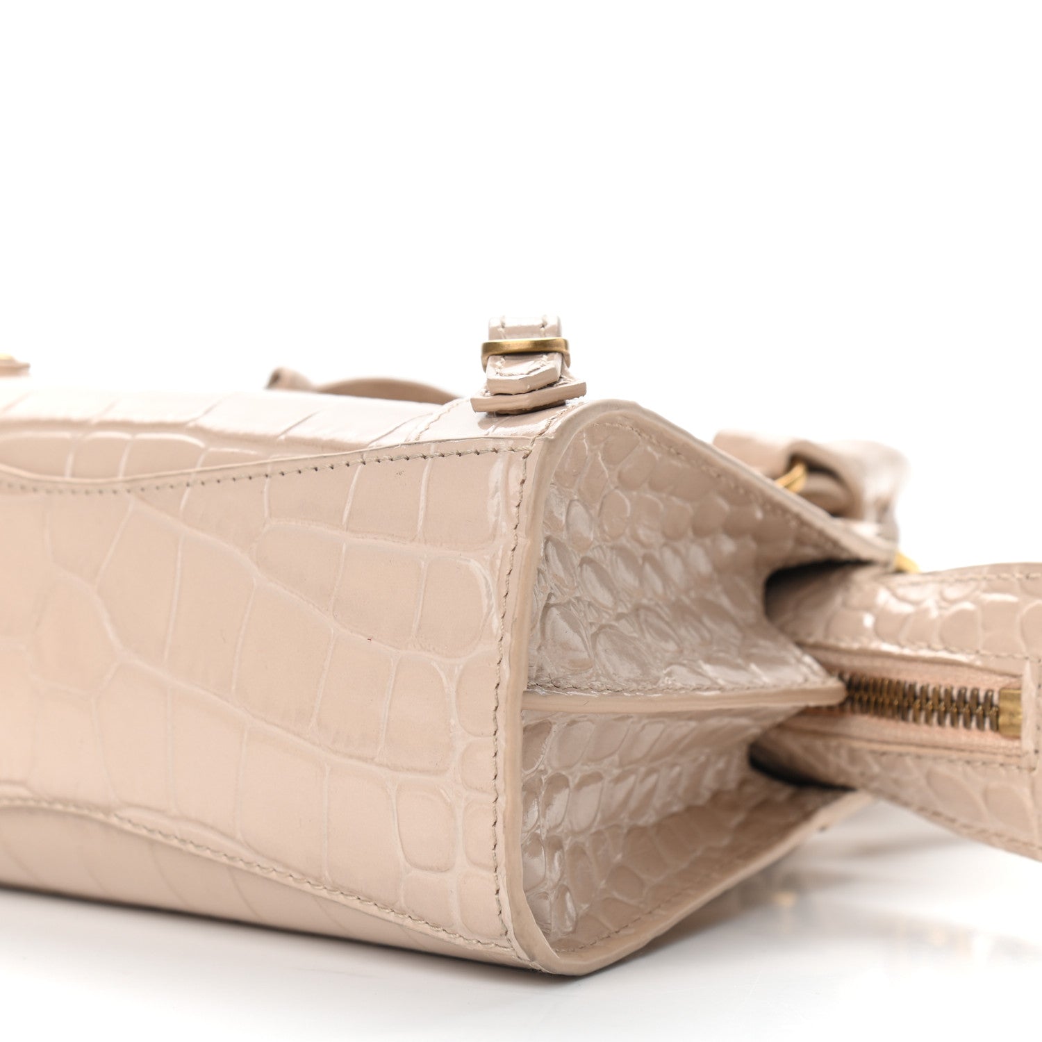 Balenciaga Shiny Supple Calfskin Crocodile Embossed Neo Classic Gold Hardware Nano City Crossbody Light Beige 6 of 6