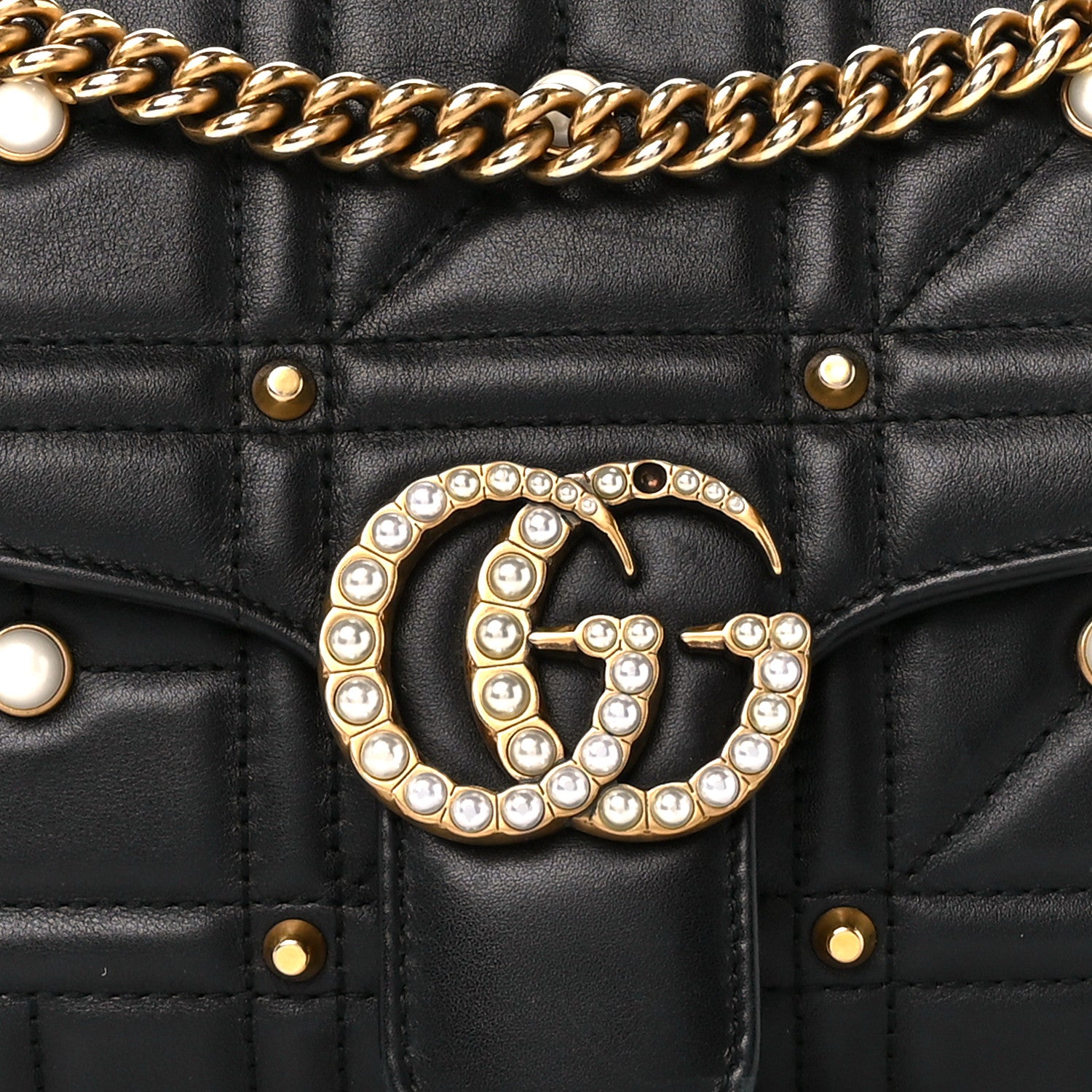 Gucci Calfskin Matelasse Studded Small Pearly GG Marmont Shoulder Bag Black 9 of 11