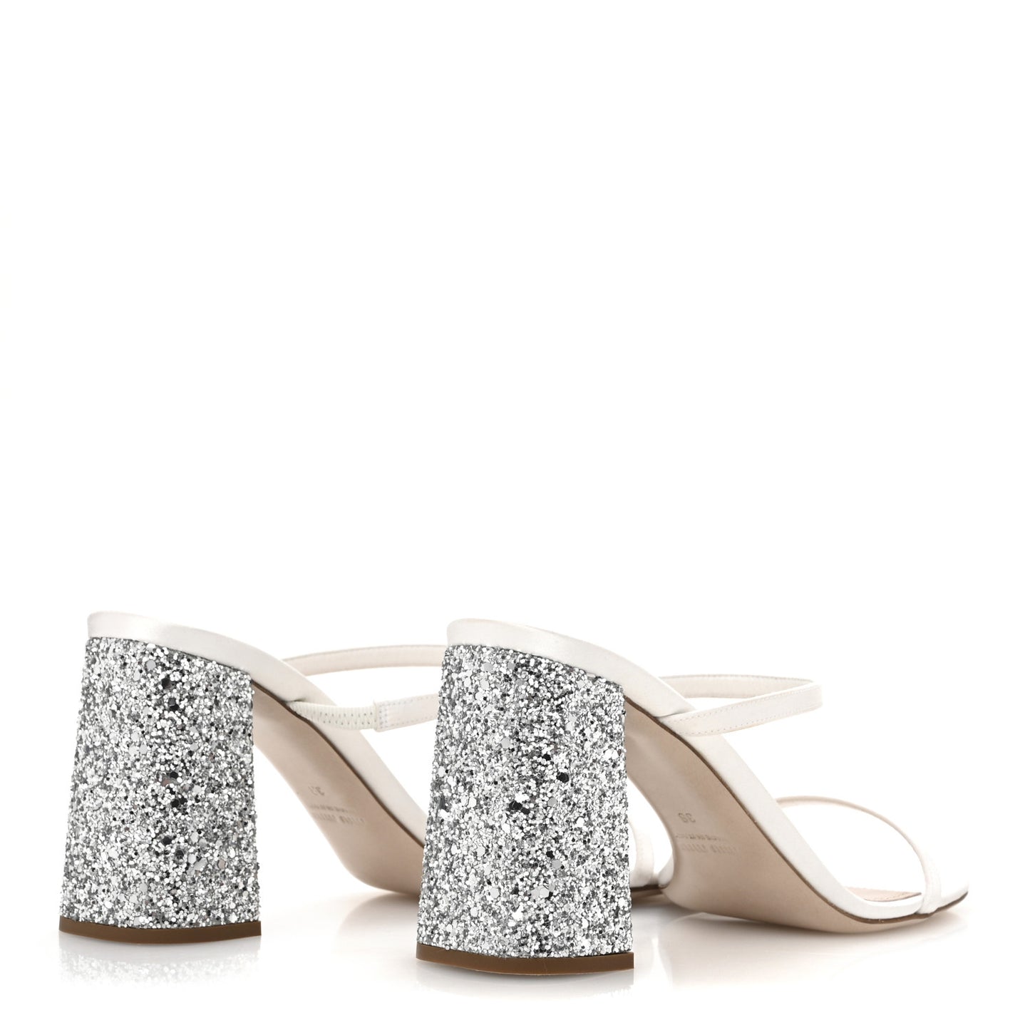 Satin Raso Glitter Block Heel Sandals 38 White Argento