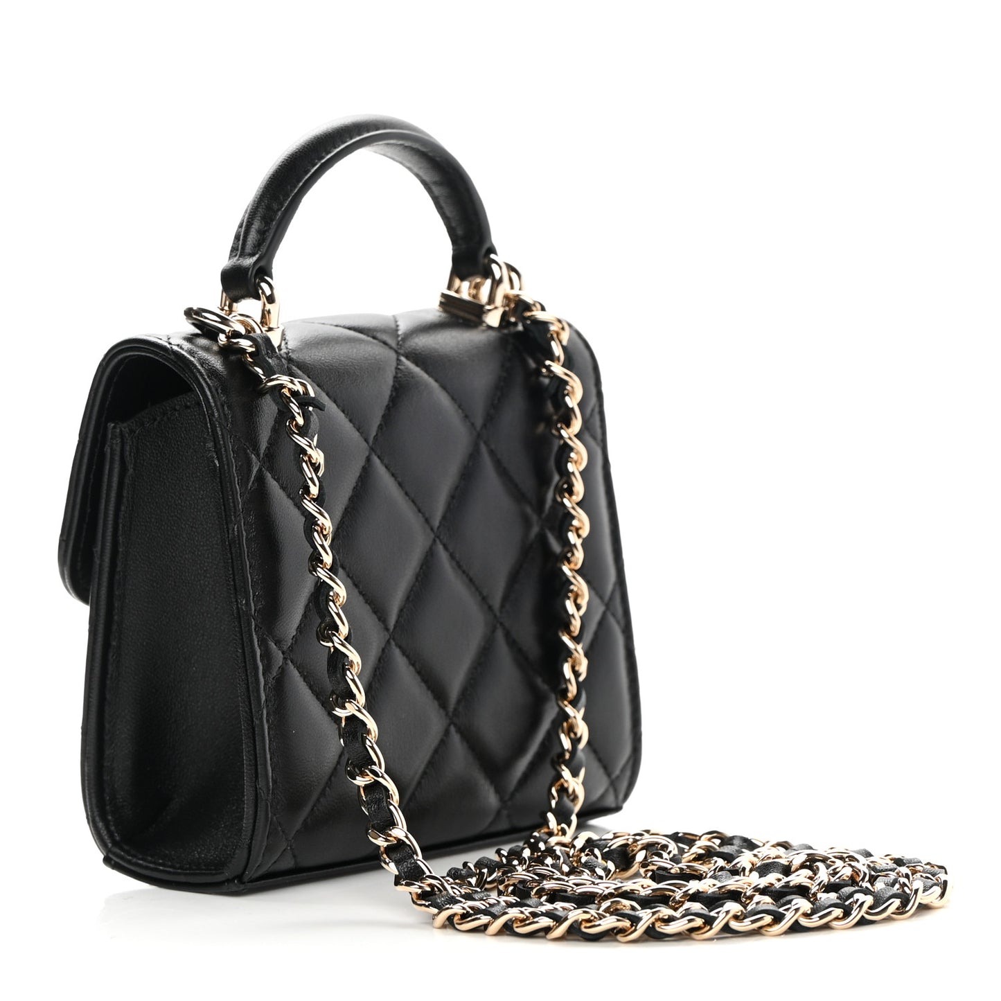 Lambskin Quilted Top Handle Flap Clutch With Chain Black