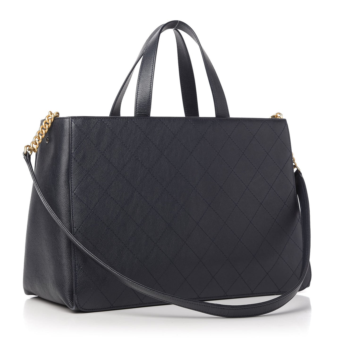 Calfskin Stitched Large Straight Lines Shopping Tote Navy