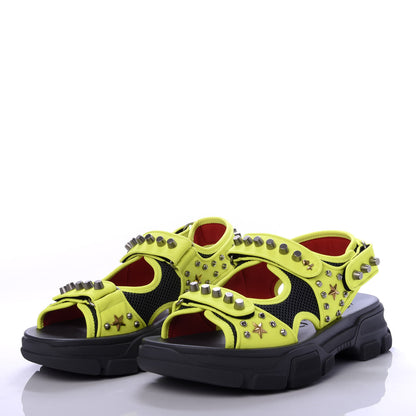 Gucci Technical Canvas Calfskin Studded Mens Aguru Sandals 8 Neon Yellow 3 of 10