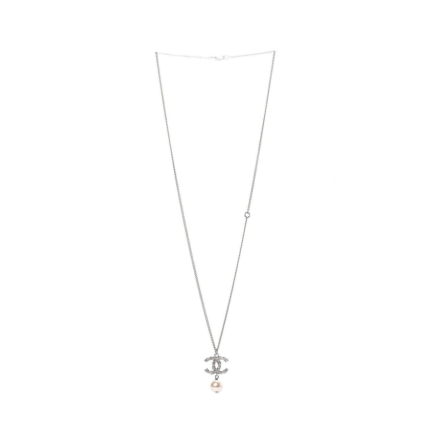 Crystal Pearl Twisted CC Drop Necklace Silver