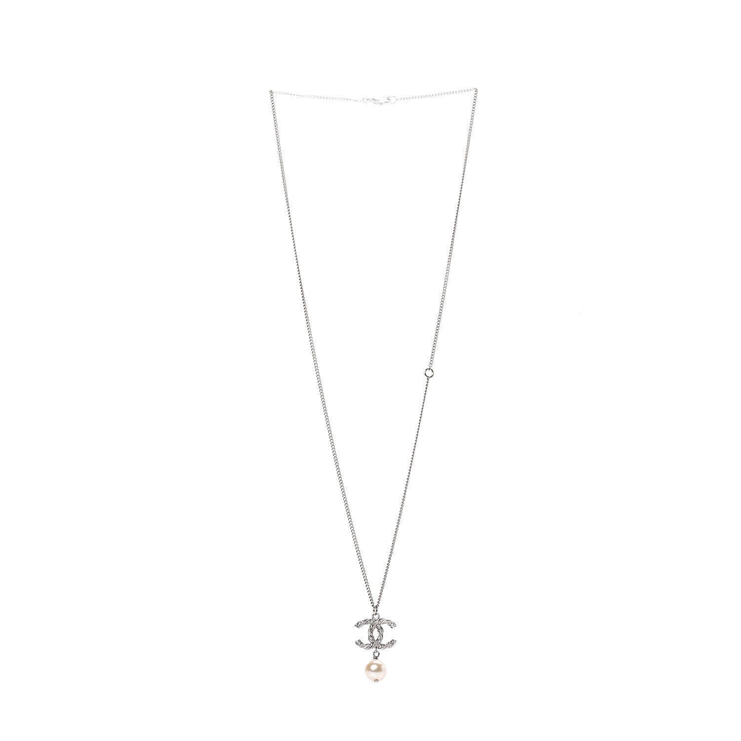 Chanel Crystal Pearl Twisted CC Drop Necklace Silver 2 of 4