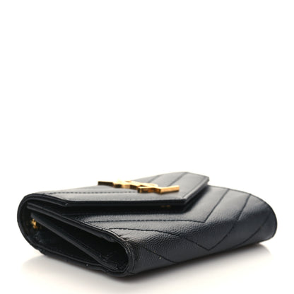 Saint Laurent Grain De Poudre Matelasse Chevron Monogram Compact Tri Fold Wallet Black 4 of 6