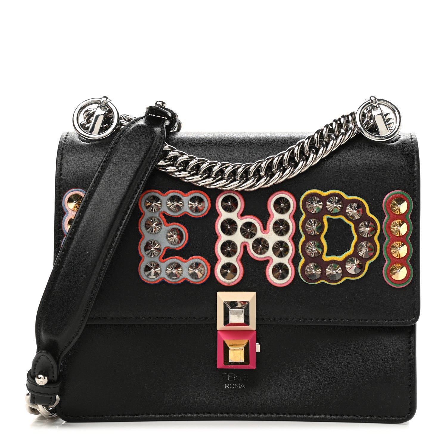 Fendi Vitello Liberty Fun Fair Metal Studded Small Kan I Shoulder Bag Black Multicolor 1 of 11