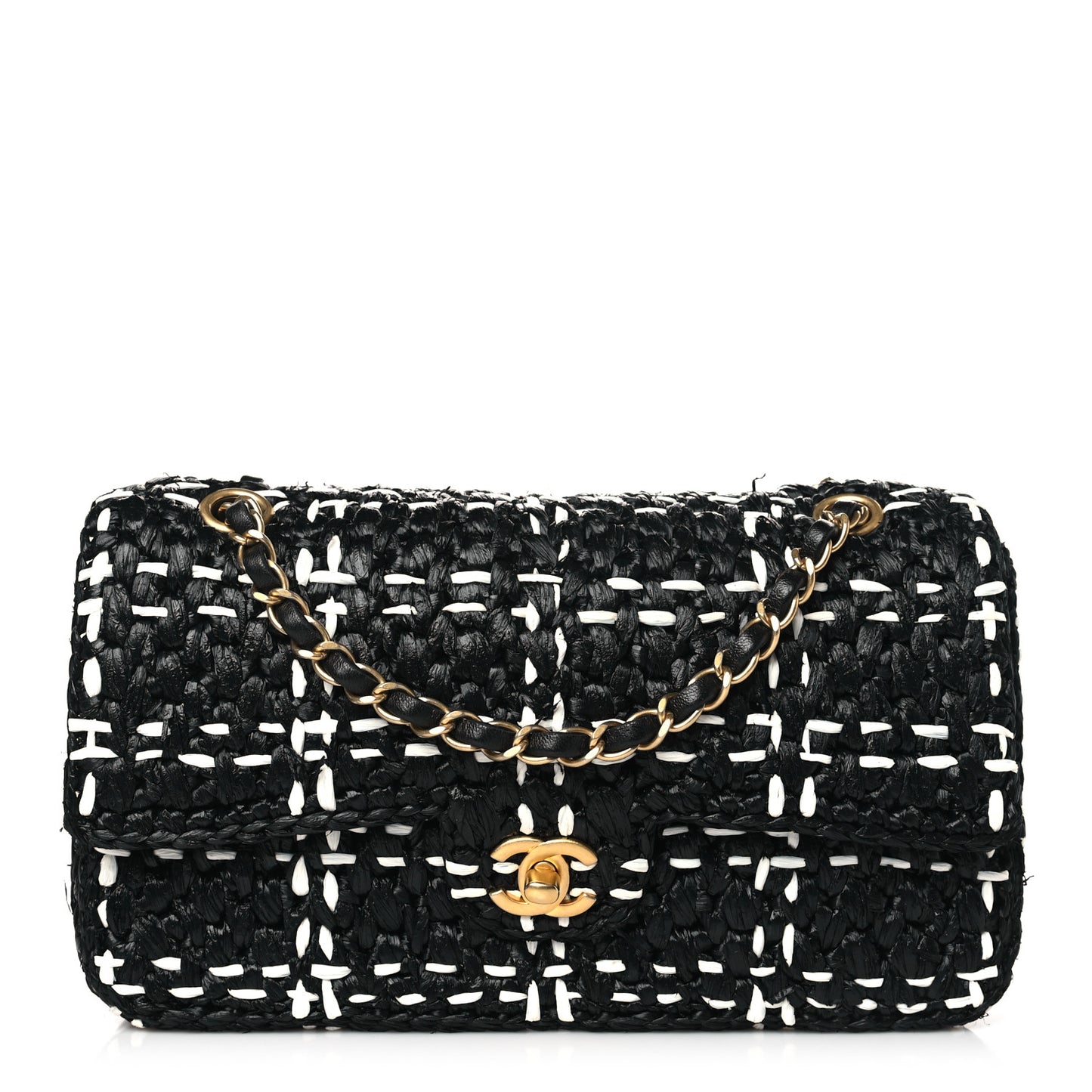 Raffia Effect Medium Tweedy Flap Bag Black White
