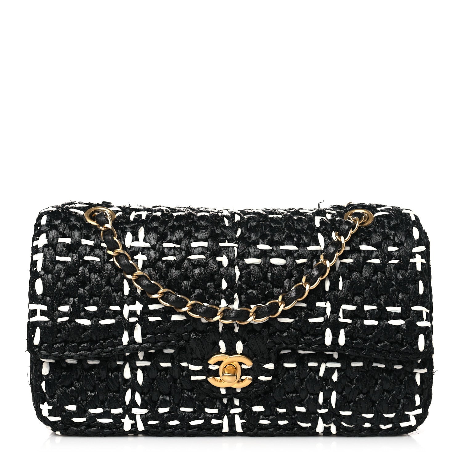 Chanel Raffia Effect Medium Tweedy Flap Bag Black White 1 of 14
