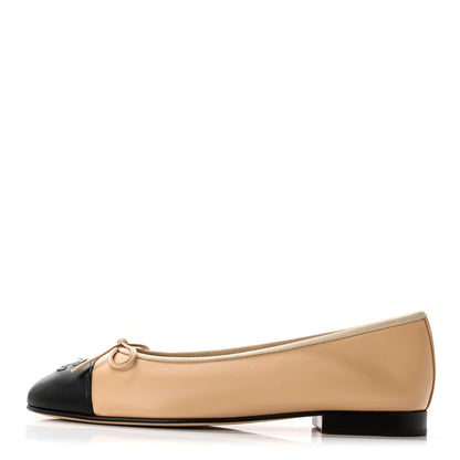 Chanel Lambskin Cap Toe CC Ballerina Flats 38 Beige Black 1 of 10