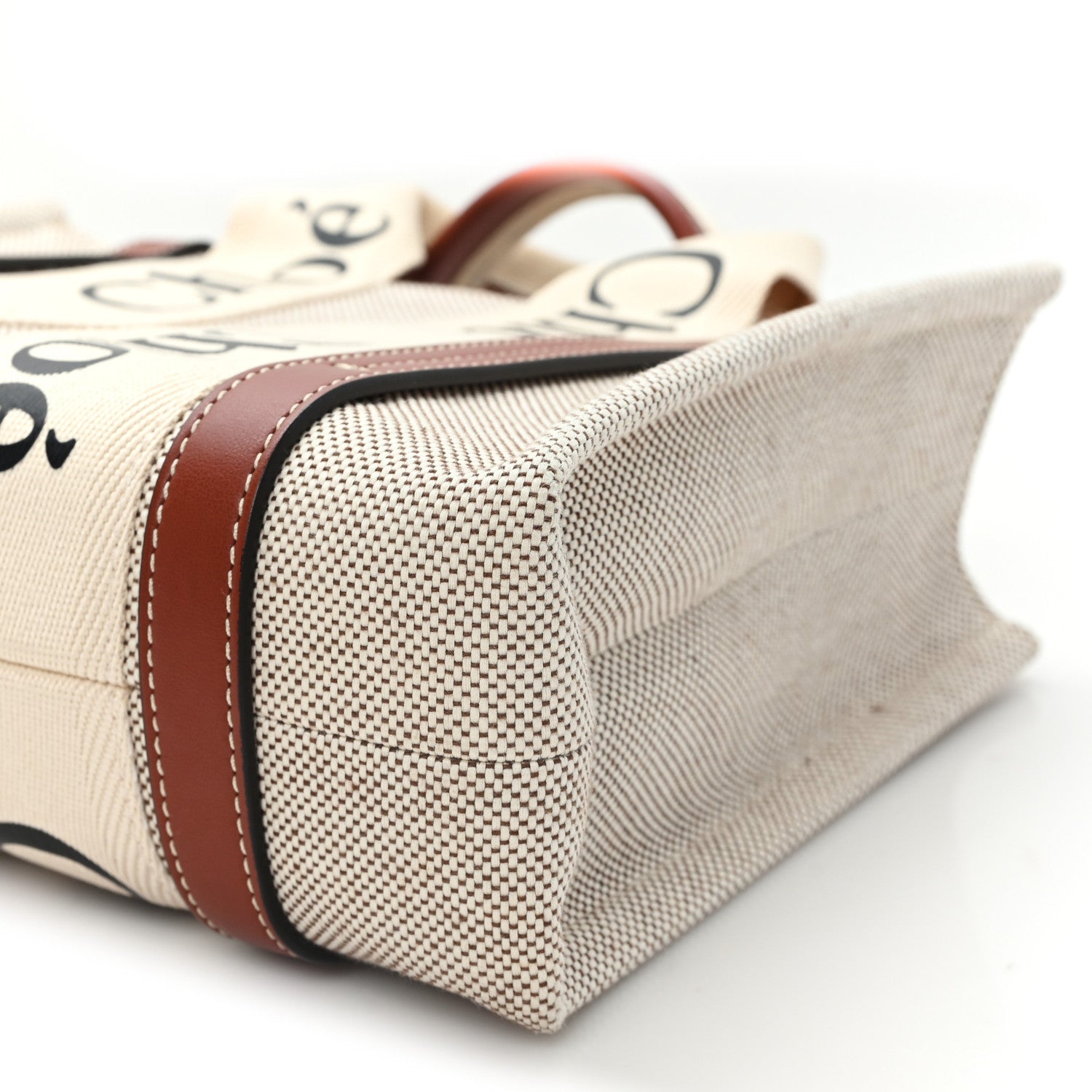 Chloe Linen Calfskin Small Woody Ribbon Tote With Strap White Brown 10 of 11