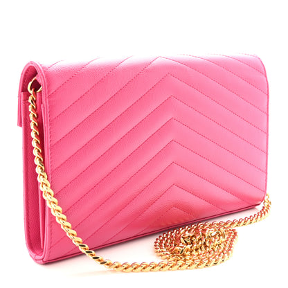 Saint Laurent Grain De Poudre Matelasse Chevron Monogram Chain Wallet Lipstick Fuchsia 3 of 9