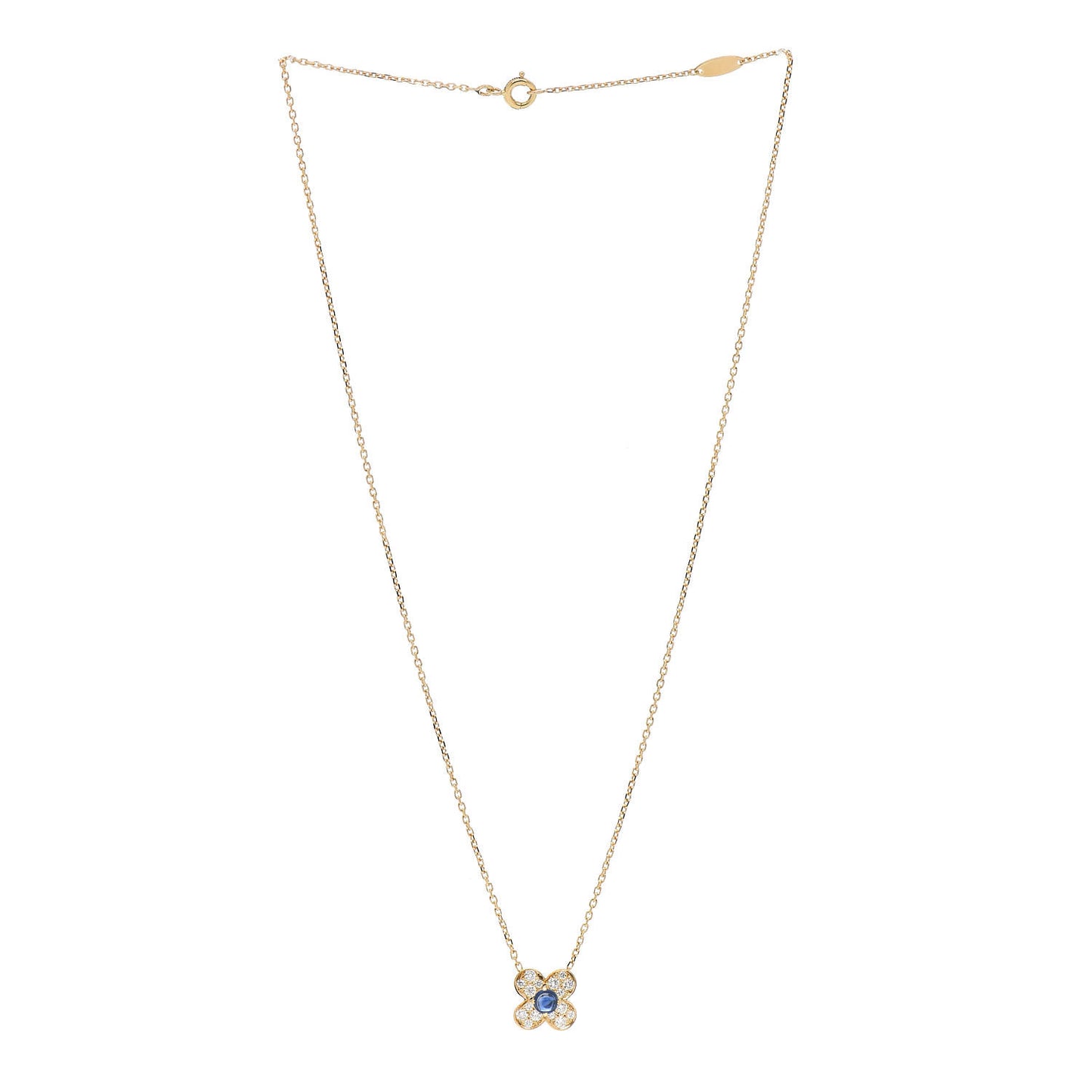 18K Yellow Gold Diamond Blue Sapphire Trefle Pendant Necklace