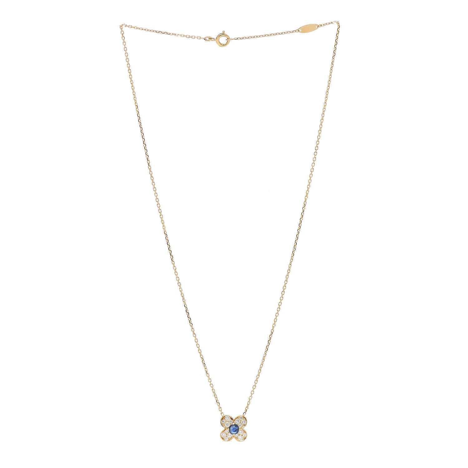 Van Cleef & Arpels 18K Yellow Gold Diamond Blue Sapphire Trefle Pendant Necklace 3 of 5