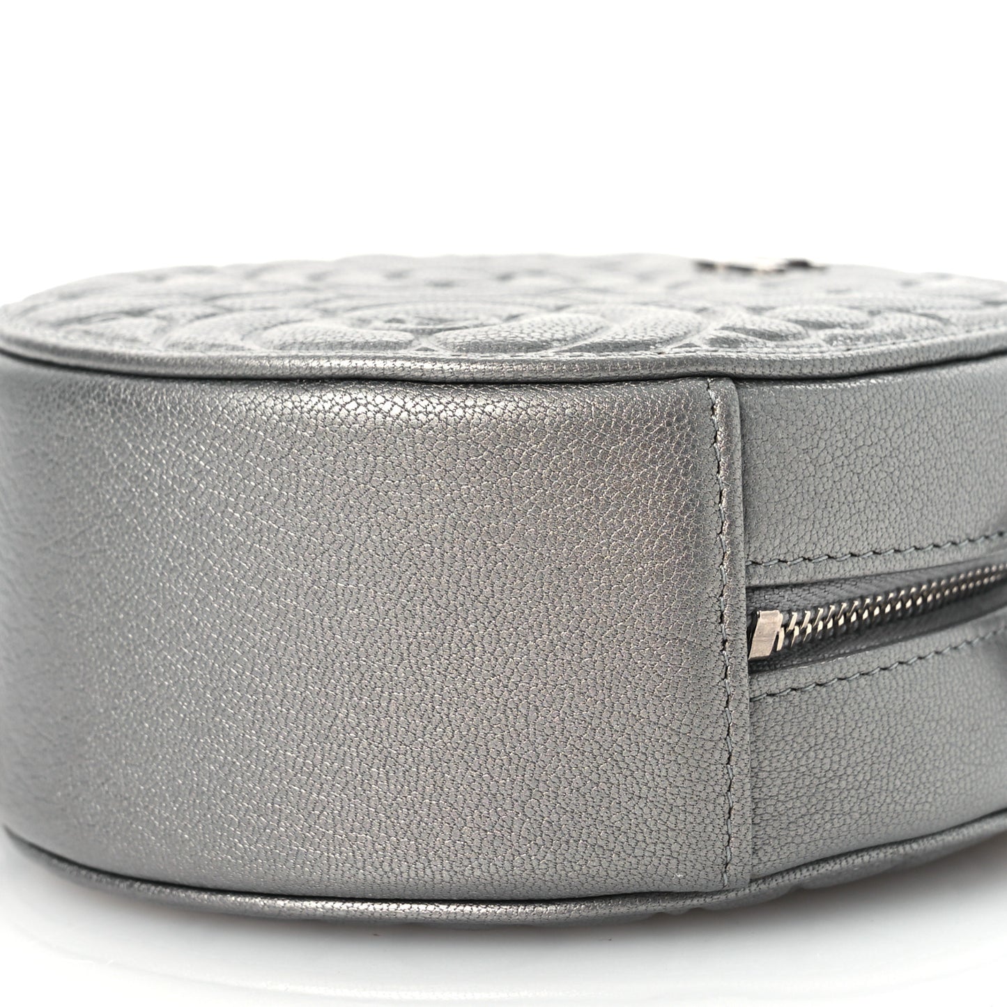 Goatskin Camellia Embossed Round Clutch With Chain Grey