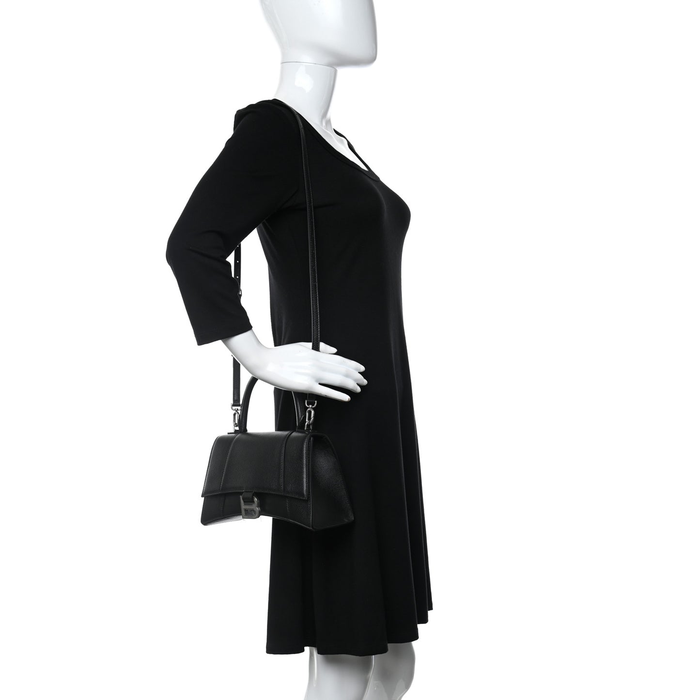 Grained Calfskin Small Hourglass Top Handle Bag Black