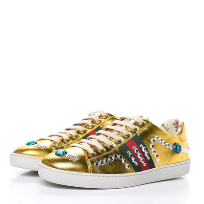 Gucci Metallic Nappa Crystal Web Womens Ace Sneakers 39 Oro Vecchio 3 of 10