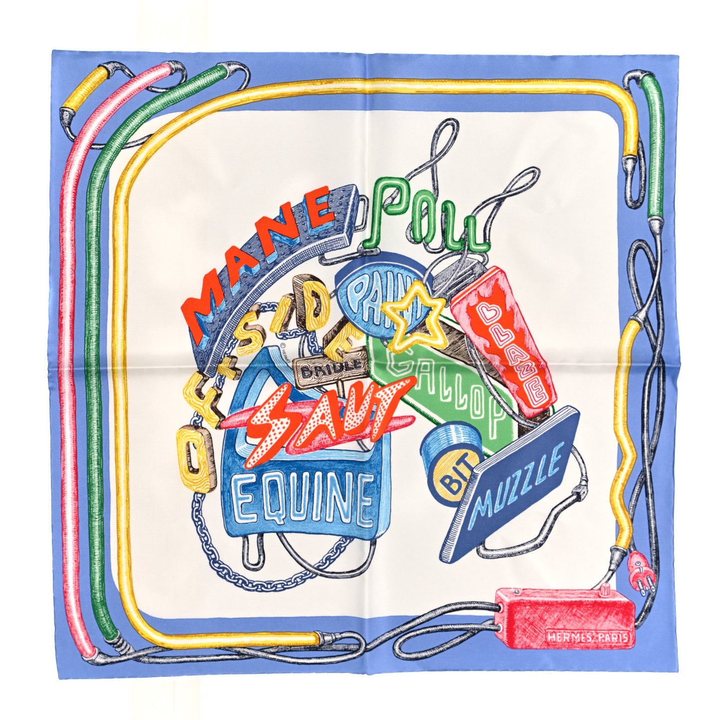 Silk Gavroche Chevaloscope Scarf 45 Neon Bleu Lavande White
