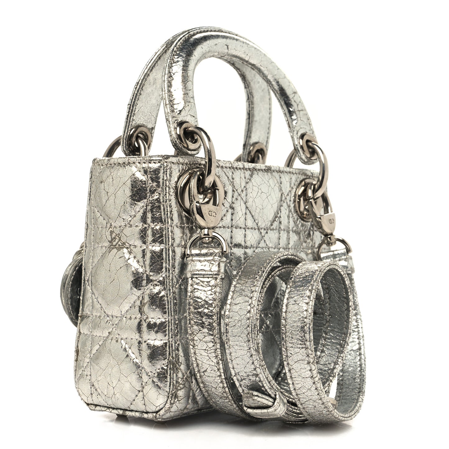 Metallic Crinkled Calfskin Cannage Micro Lady Dior Silver