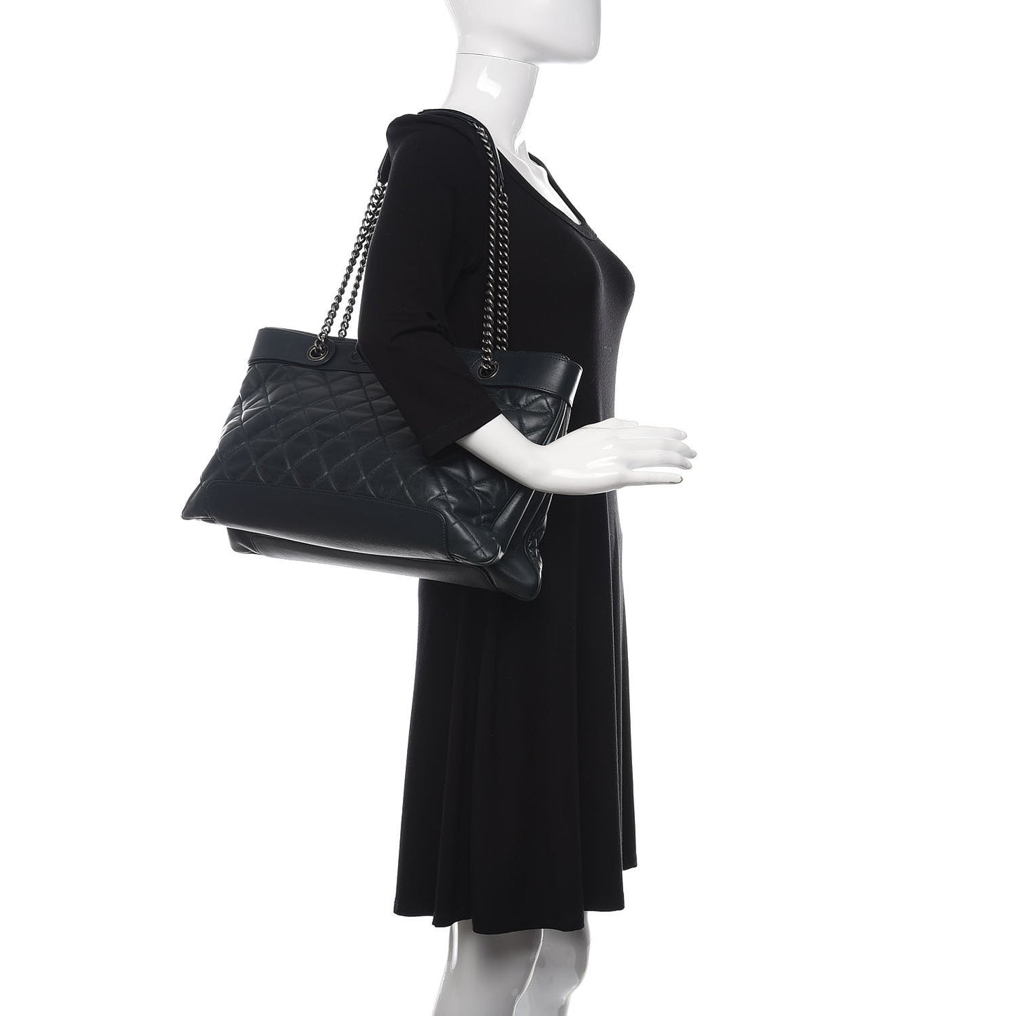 Glazed Calfskin Quilted Shopping Tote Dark Blue