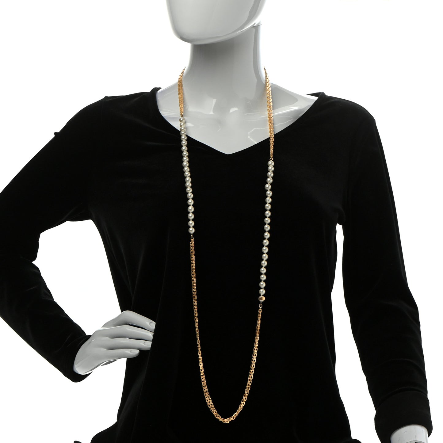 Pearl CC Multi Strand Long Necklace Light Gold