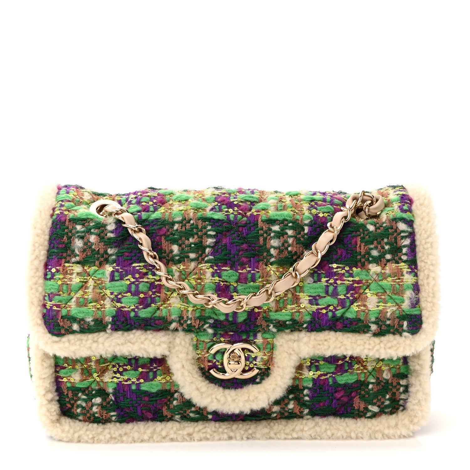 Chanel Tweed Shearling Large Flap Bag Green Purple Ecru Brown 1 of 10