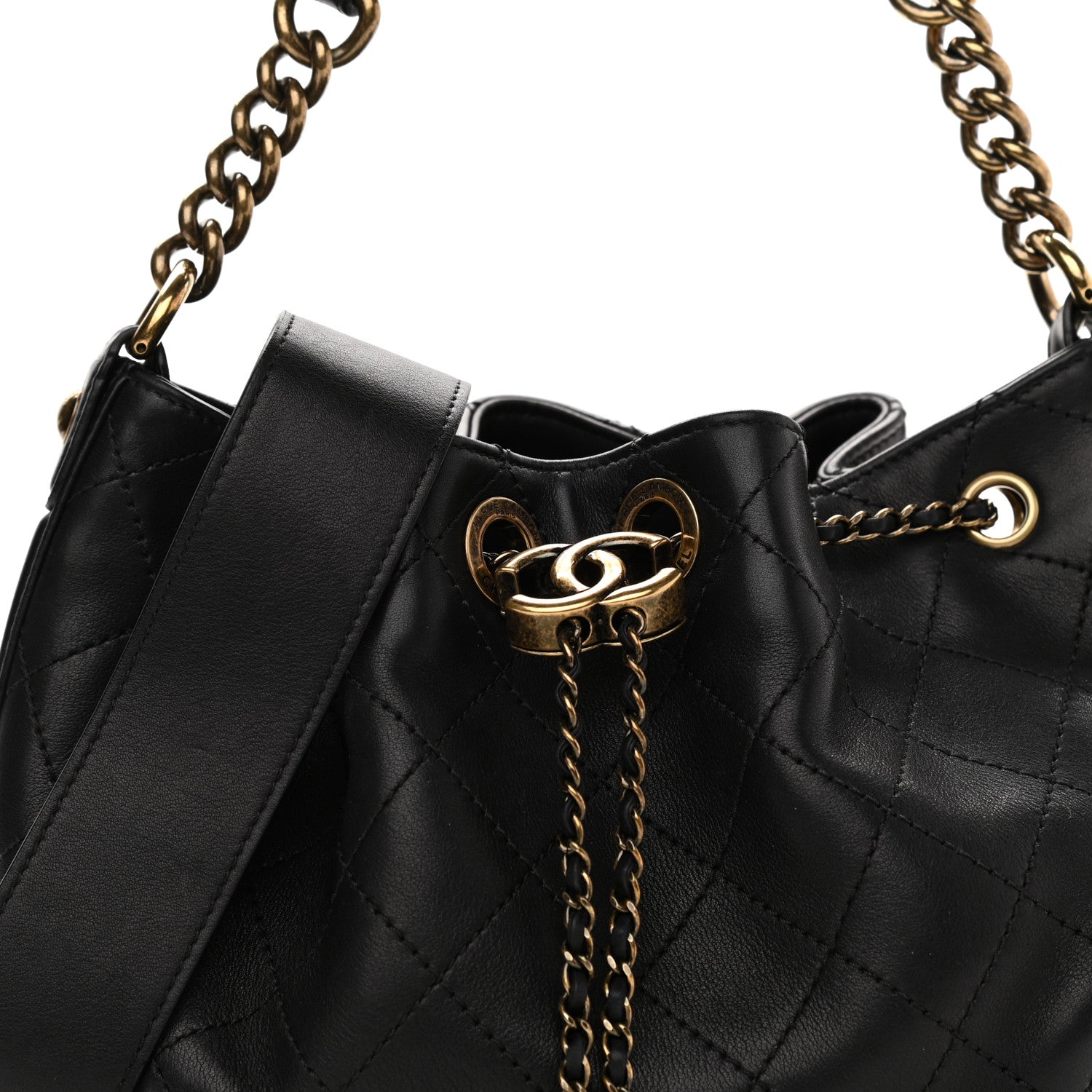 Chanel Calfskin Stitched Small Paris Rome Drawstring CC Bag Black 8 of 12
