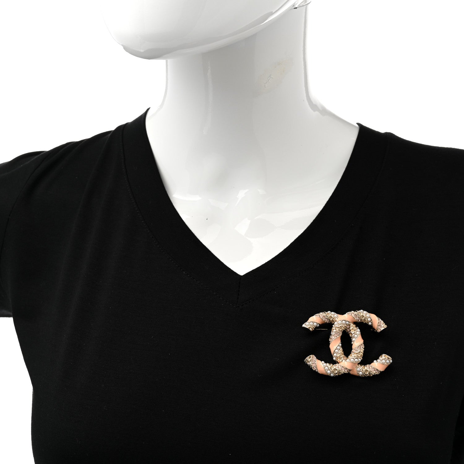Chanel Enamel Pearl Crystal Twisted CC Brooch Gold Pale Pink 2 of 5