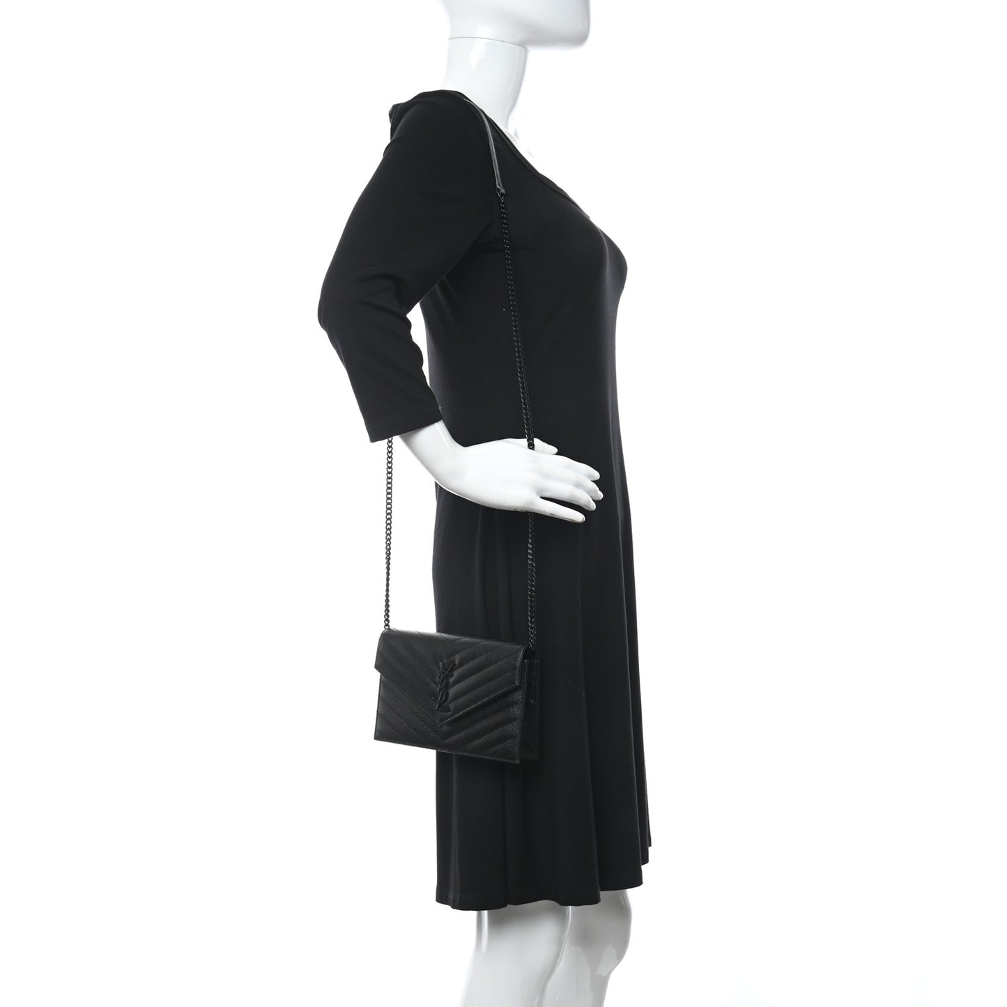 Grain De Poudre Matelasse Chevron Monogram Monochrome Envelope Chain Wallet Black