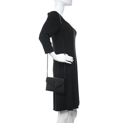 Saint Laurent Grain De Poudre Matelasse Chevron Monogram Monochrome Envelope Chain Wallet Black 3 of 13