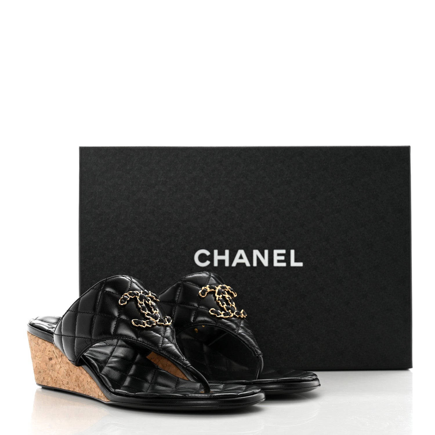 Chanel Shiny Goatskin Cork CC Wedge Sandals 39 Black 9 of 9