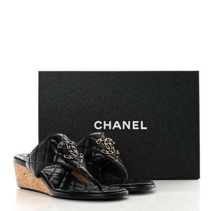 Chanel Shiny Goatskin Cork CC Wedge Sandals 39 Black 9 of 9