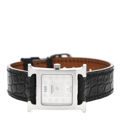 Hermes Stainless Steel Alligator Diamond Mother of Pearl 21mm Heure H Hour Quartz Watch Noir 2 of 6