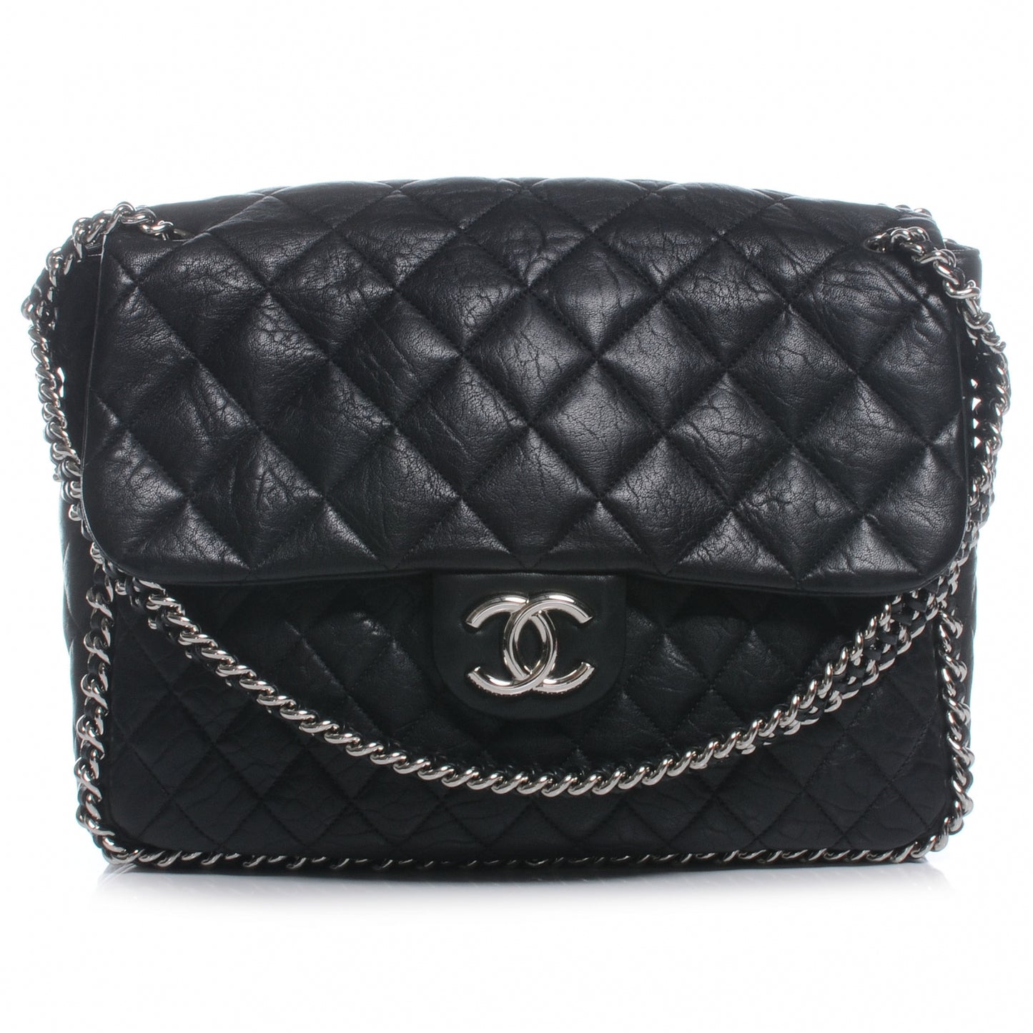 Washed Lambskin Chain Around Maxi Flap Bag Black