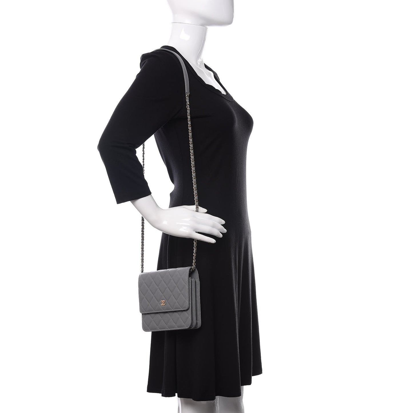 Caviar Quilted Square Wallet On Chain WOC Grey