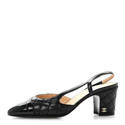 Chanel Lambskin Patent Calfskin Quilted Cap Toe CC Slingback Pumps 35.5 Black 1 of 10