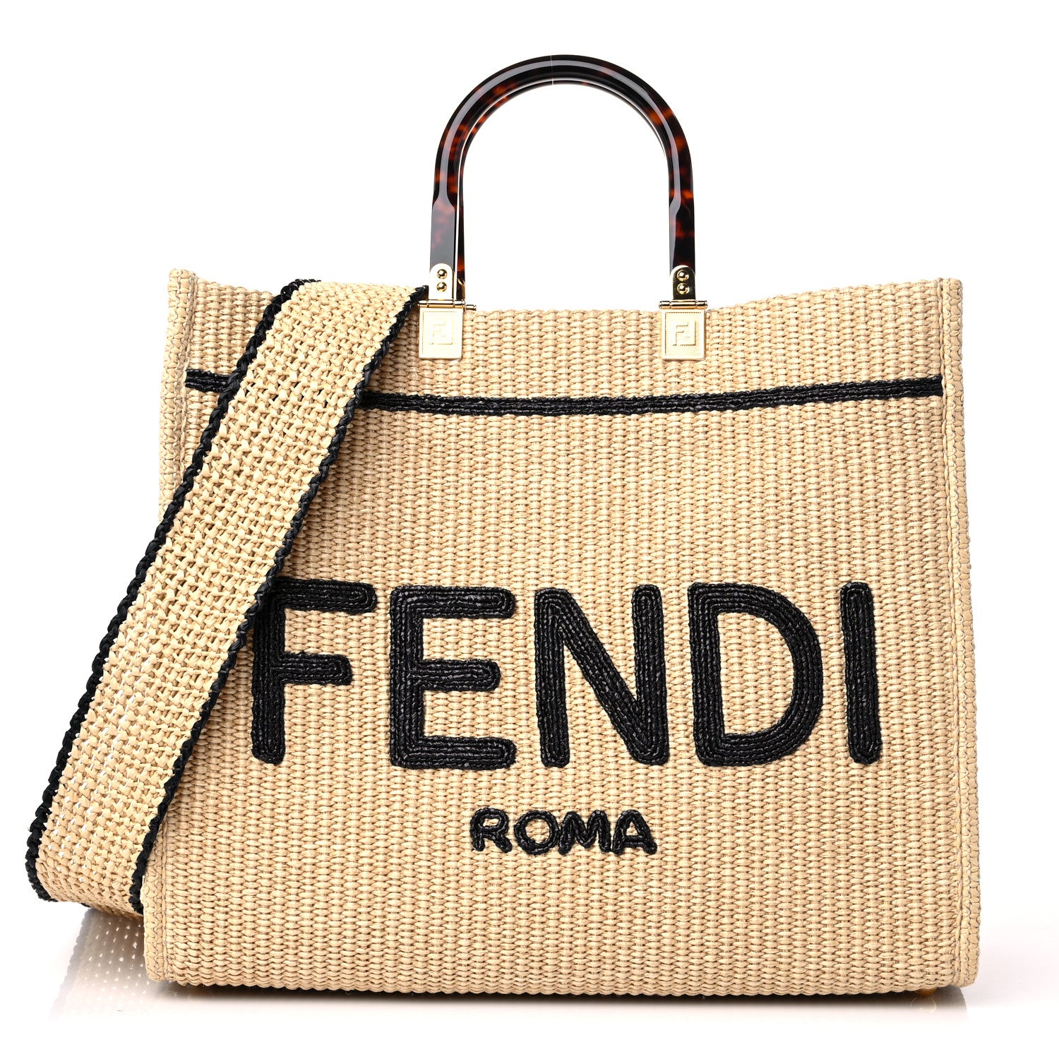 Fendi Straw Vitello King Plexiglass Woven Medium Fendi Sunshine Shopper Tote Natural Black 1 of 10