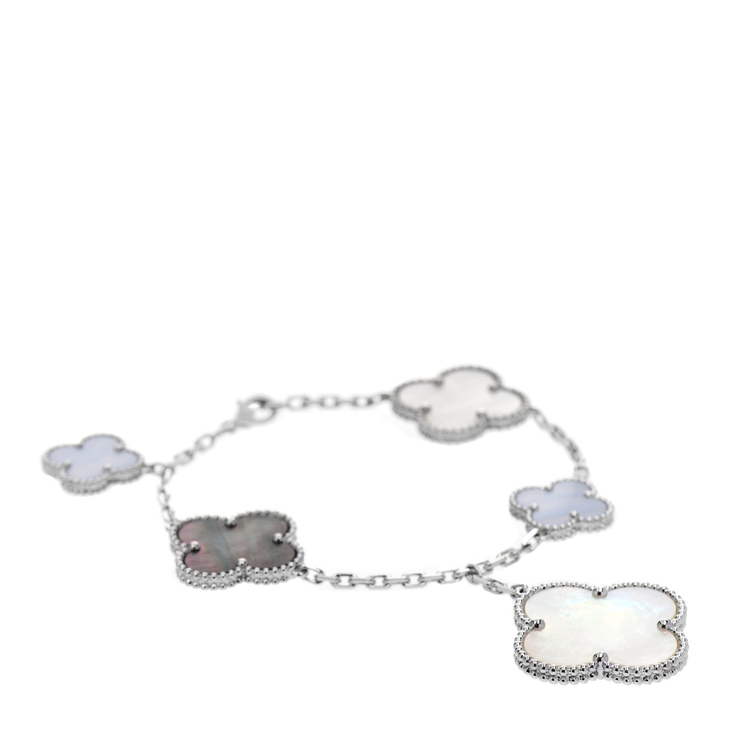 18K White Gold Chalcedony Mother of Pearl 5 Motifs Magic Alhambra Bracelet
