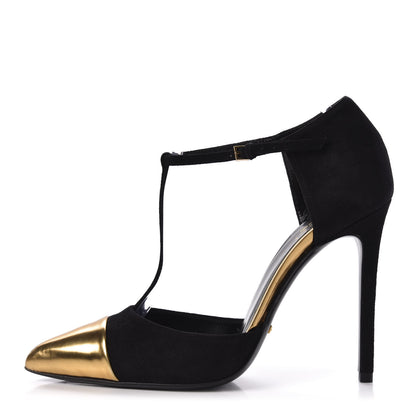 Gucci Suede Metallic Cap Toe T-Strap Coline Pumps 38.5 Black Gold 1 of 7