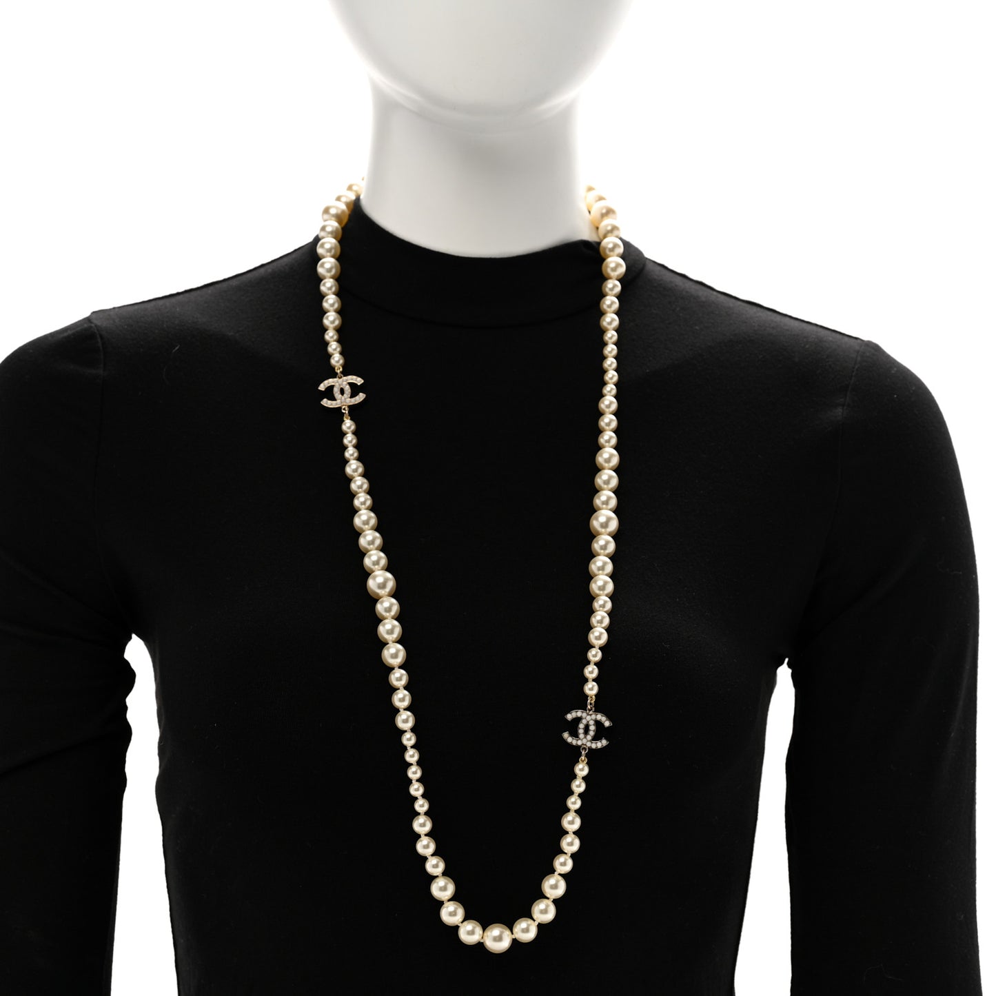 Graduated Pearl CC Long Necklace Light Gold