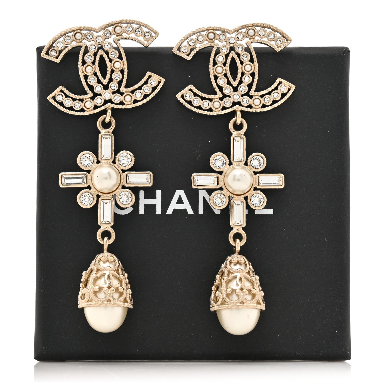 Crystal Baguette Pearl CC Cross Drop Earrings Gold