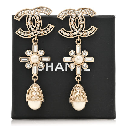 Chanel Crystal Baguette Pearl CC Cross Drop Earrings Gold 6 of 6