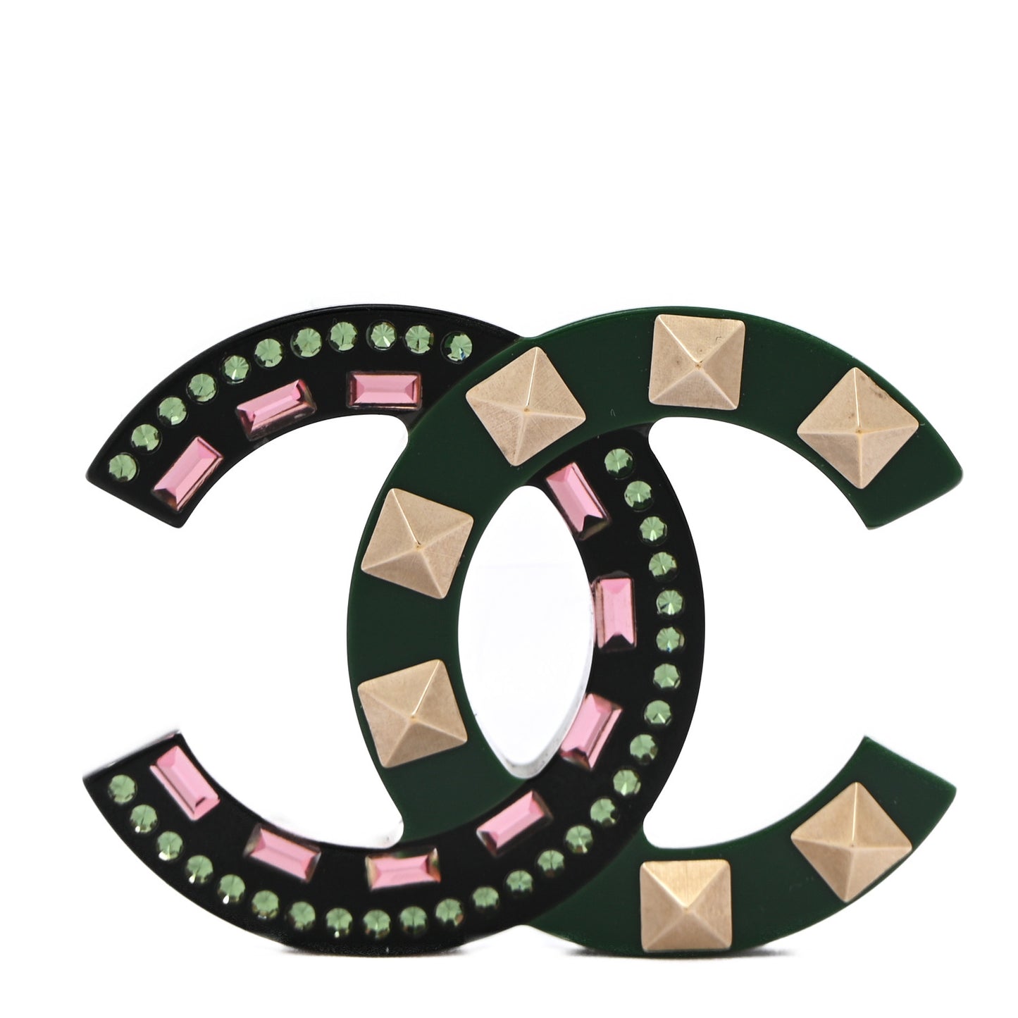 Resin Crystal Studded CC Brooch Green Multicolor
