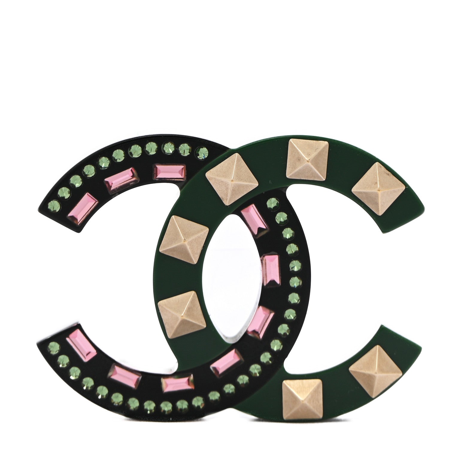 Chanel Resin Crystal Studded CC Brooch Green Multicolor 1 of 4
