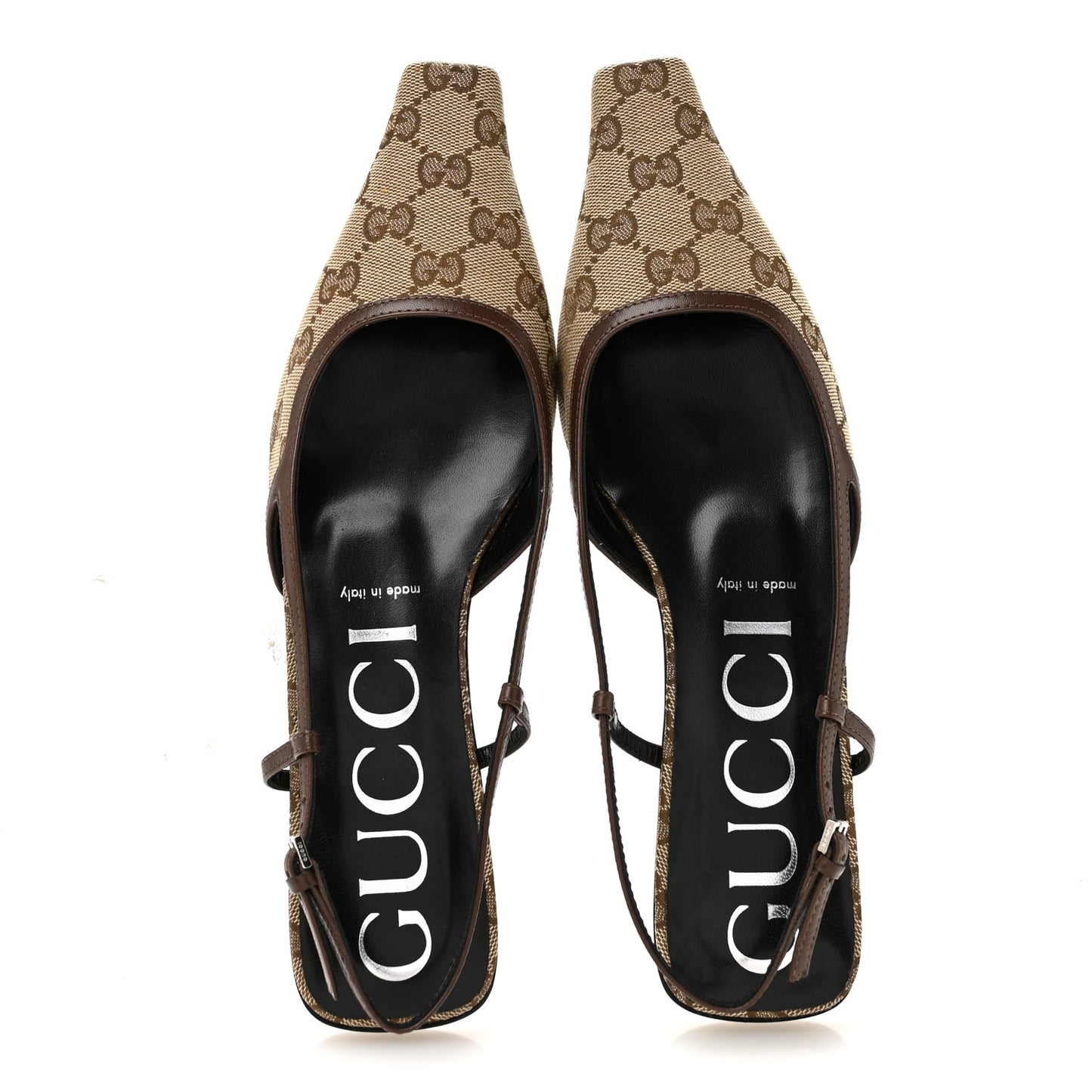 GG Monogram Malaga Kid Square G 35mm Slingback Pumps 39 Beige Ebony New Acero